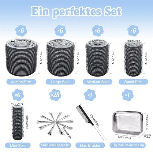 BELICOO 60 Stücke Lockenwickler Set, 5 Größen 60mm 48mm 36mm 25mm 15mm Hair Rollers mit 28 Stücke Edelstahl Clips, Große Locken Lockenwickler Selbsthaftend für Lange Mittlere Kurz Haar thumbnail 2