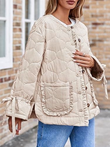 Tankaneo Womens Cropped Quilted Puffer Jackets Lightweight Plaid Button Down Bow Padded Down Coat thumbnail 2