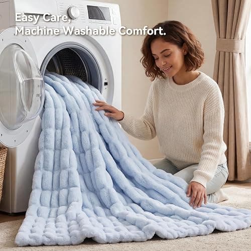 Smoofy Light Blue Fluffy Blanket for Couch - Luxury Faux Rabbit Fur 60"x80" | Ultra Soft & Plush Comfort Ruched Blanket, Cozy Fuzzy Fleece Throw for Sofa, Bed & Office, Gift for Women, Blue Room Decor thumbnail 7
