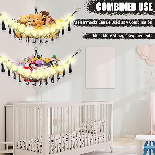 CERETIA Stuffed Animal Hammock with LED Light, Large Stuffed Animals Storage Corner Plushie Net for Kids Room Decor, Black thumbnail 8