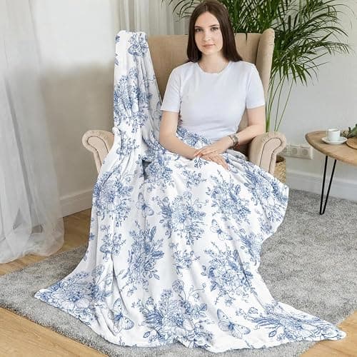 Blue and White Floral Throw Blanket, Fuzzy Soft Cozy Flannel Blanket for Home Bed Sofa Couch Chair, Decorative 50 x 60 Inch Blanket thumbnail 5