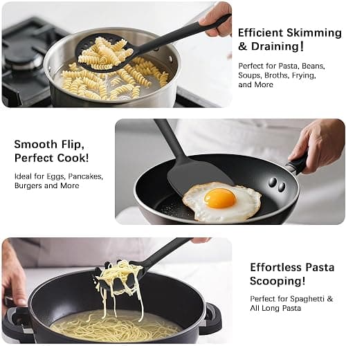 Coukre Silicone Kitchen Cooking Utensils Set with Holder – Heat-Resistant, Food-Grade Kitchen Tools, Spatula, Spoon & Gadgets for Non-Stick Pans, Dishwasher Safe (14, PureBlack) thumbnail 4