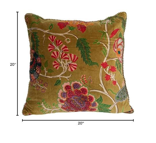 Creative Co-Op Cotton Blend Velvet Printed Pillow with Flowers and Mini Pom Pom Trim, Multicolor thumbnail 3