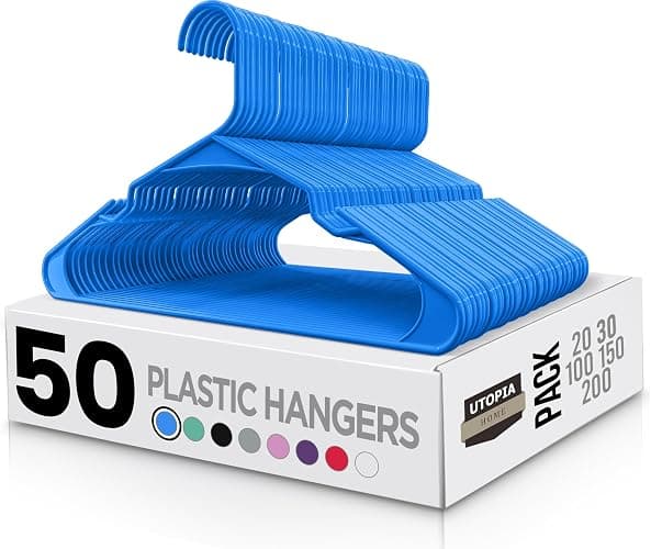 Utopia Home Plastic Hangers 50 Pack - Perfect Space Saving Clothes Hanger - Durable and Strong - Perfect Closet Organizers with Shoulder Grooves (Blue) - Pack of 50 - Blue - Image 1