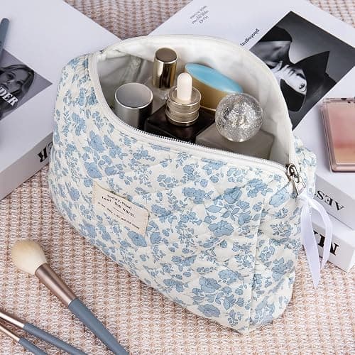 Floral Makeup Bag, Large Cosmetic Bag for Women Girls, Cute Cotton Make up Pouch, Quilted Makeup Bags, Flower Travel Toiletry Organizer Bag(Blue Floral) thumbnail 2