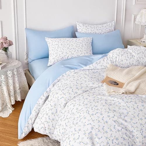 Wake In Cloud - Floral Comforter Set, Coquette Cottagecore Aesthetic Cute Flower Pattern for Women Teen Girls, Soft Lightweight Dorm Bedding, 3 Pieces, Blue White, Full Size thumbnail 5