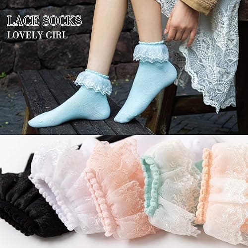 SEMOHOLLI Women Lace Ankle Socks Ruffle Frilly Cotton Socks Trim Double Layer Lace Girl socks - 5-8 - 1 Pairs-white thumbnail 5