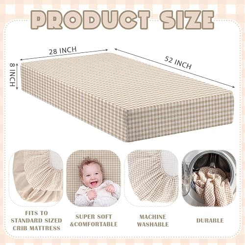 Breling 2 Pcs Muslin Khaki and Khaki Gingham Crib Sheets Netural, 52"X 28" | Soft Breathable Brown Plaid 100% Cotton Baby Standard Mattress Cover, Fitted for Girl Boy Nursery Mattress, Washable thumbnail 3
