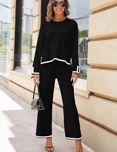 Tanming Women's 2 Piece Outfits Long Sleeve Knit Sweater Top Wide Leg Pants Lounge Sets Tracksuits thumbnail 2