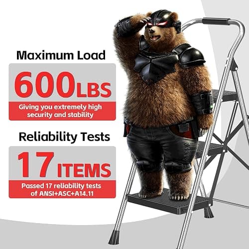 Step Ladder Foldable Folding Stool - for Home Adults Kitchen 3 Stepping Extension Tall Heavy Duty with Handrails - Closet Stepstool Stair Ladders Extendable Stepladder for Indoor House 600Lbs thumbnail 6