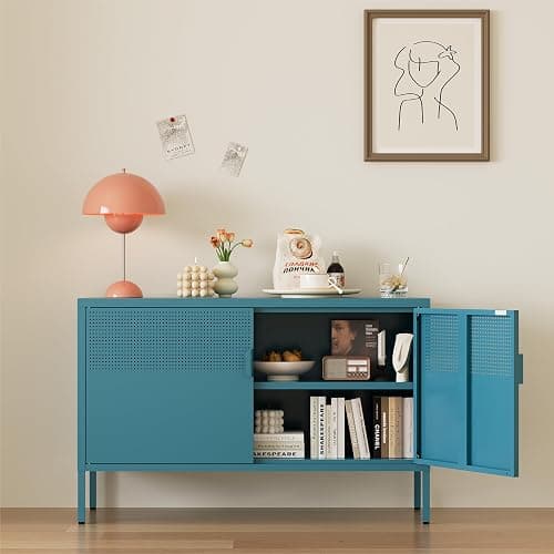 XIUSVON Metal Storage Cabinet,2 Door TV Stand, Metal Mesh Accent Cabinet,Magnetic Door Closure,Low Storage Cabinets with Doors and Shelves thumbnail 7