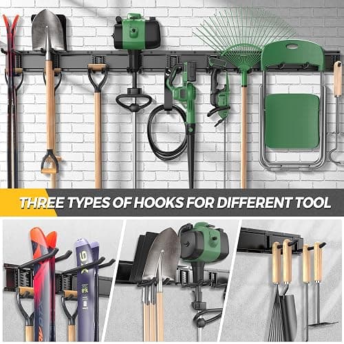 LBT 66" Garage Tool Organizer Wall Mount - 720lbs Garden Tool Organizer with Adjustable Hooks, Heavy Duty Metal Garage Storage Rack, Anti-Rust Shed Rack Holder Hanging Rake Broom Mower Snowboard thumbnail 6