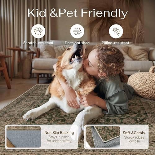 WondRg 8x10 Washable Area Rug Green Brown Vintage Non Slip Soft Low Pile Rug for Living Room Bedroom Dining Room Office Distressed Oriental Indoor Large Throw Carpet for Home Decor thumbnail 4