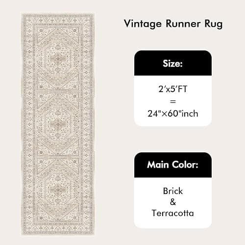2x5 Runner Rug for Hallway Washable: Non Slip Kitchen Rugs with Rubber Backing Soft Waterproof Mats Stain Resistant Indoor Vintage Carpet Runner for Bedroom Bathroom Laundry Entryway Beige/Gray thumbnail 6