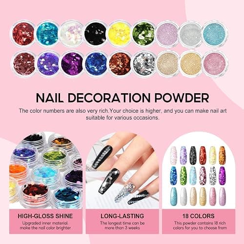 Acrylic Nail Kit for Beginners with Everything 3pc Professional Acrylics Powder 6pcs Gel Nail Polish 18pcs Glitter Decoration Powder Nails Kit Acrylic Set with Tips Nail Light and Drill DIY Gifts thumbnail 5