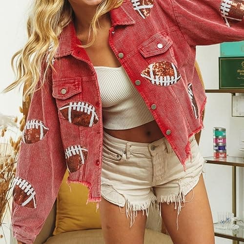 Xunger Women’s Football Corduroy Sequin Jacket Cropped Distresses Rugby Patched Shacket Coat thumbnail 2