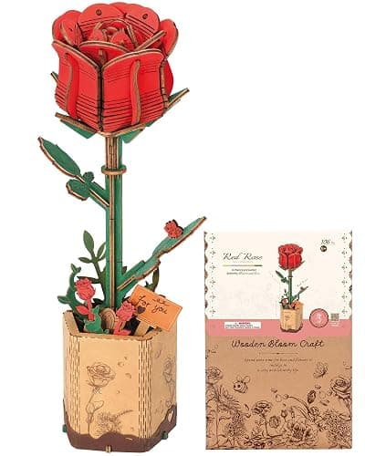 Wowood 3D Flower Wooden Puzzles for Adults-Red Rose, DIY Wooden Flowers Model Kit Building Set Crafts Birthday Gifts Women, Artificial Botanical Collection Creative Gift Ideas/Housewarming (106PCS) - Image 1