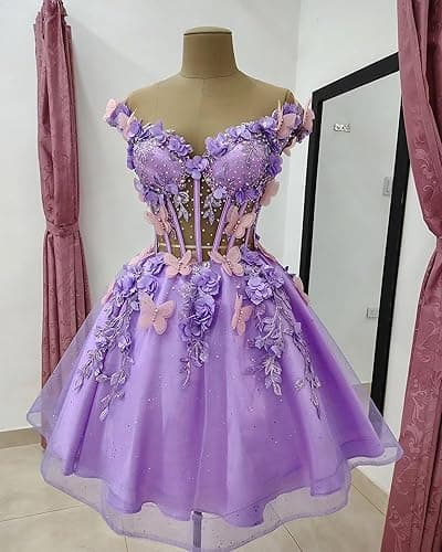 OLJHFJ Women's Tulle Homecoming Dresses Short - 3D Butterfly Off Shoulder Beaded Cocktail Lace Homecoming Dress for Teen 2025 - Light White - 6 thumbnail 2