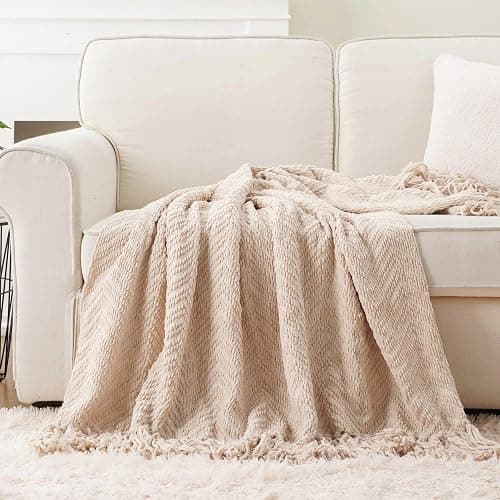 BATTILO HOME Beige Throw Blanket for Couch, Knitted Beige Throw for Bed, Neutral Throw Blankets Tan Throw Blanket for Room Decor Housewarming Gifts, 50" x 60" thumbnail 3