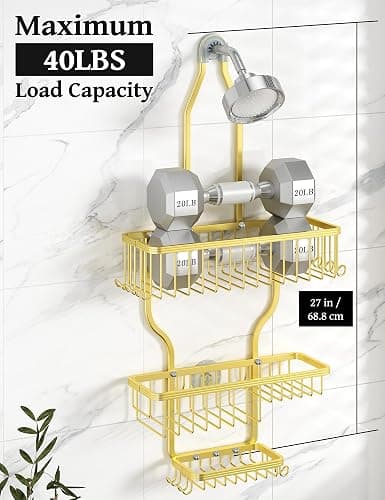 YASONIC Never Rust Shower Caddy Hanging Organizer - Aluminum Over-the-Showerhead Rack With 10 Hooks for Razor/Sponge and Soap Basket - Gold thumbnail 5