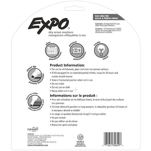 EXPO Dry Erase Markers, Low Odor Ink, Assorted Colors, Chisel Tip, 12 Count - Whiteboard, Calendar, Organization, Essential Supplies for Office, School, Classroom, Teachers thumbnail 9