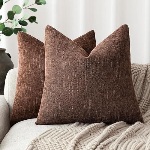 Foindtower Pack of 2 Soft Textured Chenille Throw Decorative Pillow Covers Square Accent Solid Cushion Cover Cozy Neutral Farmhouse Pillow Case for Couch Sofa Bedroom Living Room 18x18 Inch,Red Brown - Image 1