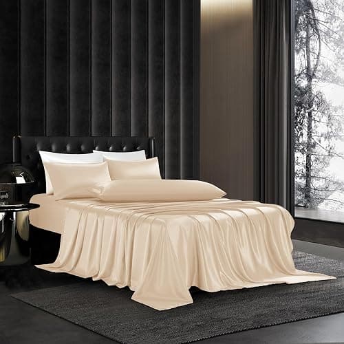 HommxJF 5Pcs Champagne Silk Sheets Full Size Satin Sheets Set with 1 Satin Flat Sheet,1Deep Pocket Fitted Sheet,3 Pillowcases with Envelope Closure thumbnail 2