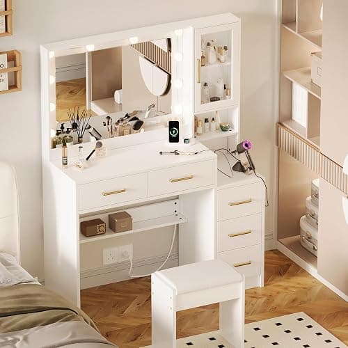 TOKSOM Makeup Vanity with Lights & Charging Station, White Vanity Table with 5 Drawers & Open Storage Shelves, Bedroom Makeup Dressing Table Set for Women Girls thumbnail 3