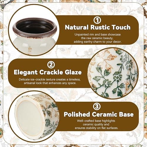 Ninehaoou 2 Pcs Vintage Ceramic Flower Vase Chinoiserie Antique Floral Vase Rustic Boho Farmhouse Decor for Home Table Bookshelf Aesthetic Centerpiece Gift(Vintage Green) thumbnail 4