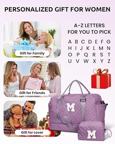 Vogewood Gift for Women-Initial Teenage Girl Duffle Bag with Shoe Compartment, Personalized Weekender Bag, Monogram Overnight Bag for Kids, Letter Travel Bag with Makeup Bag, Gift for Women (Letter A) thumbnail 2