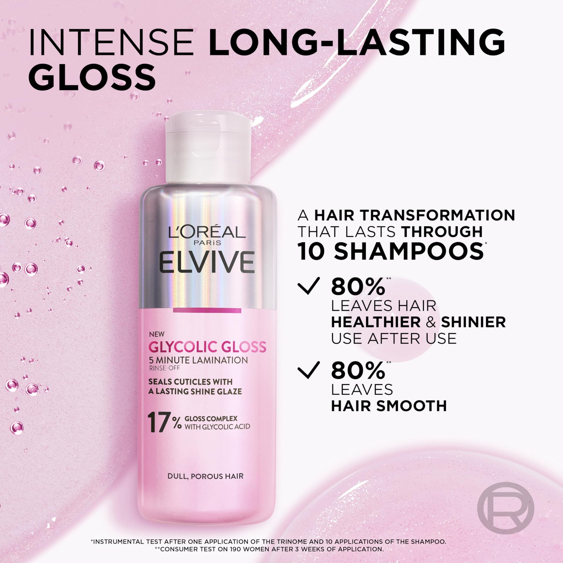 L'Oreal Paris Elvive Glycolic Gloss Lamination Rinse-Off Treatment, with Glycolic Acid, Salon Treatment at Home, Long-lasting Smooth & Shiny Hair, for Dull Hair, suitable for all Hair Types, 200ml thumbnail 6