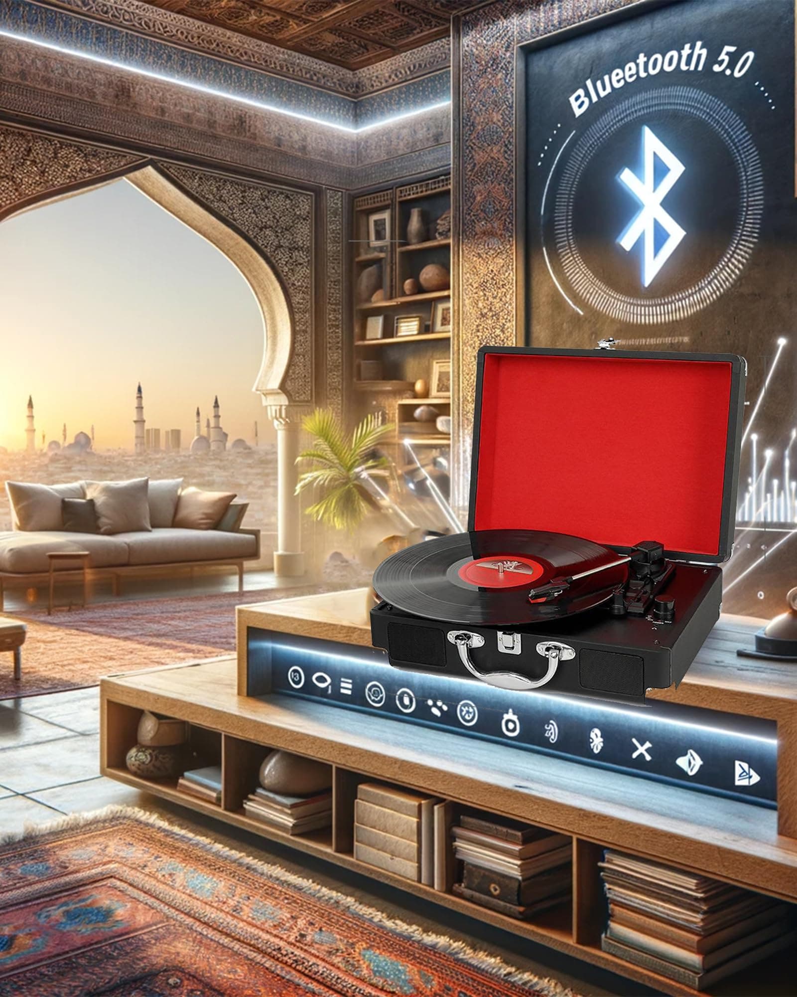 High-Fidelity Vinyl Record Player | Vinyl Record -Player 3-Speed Bluetooth Portable Suitcase with Built-in Speakers, Bluetooth Wireless Playback, Headphone, Auto Off for Home Decoration thumbnail 7