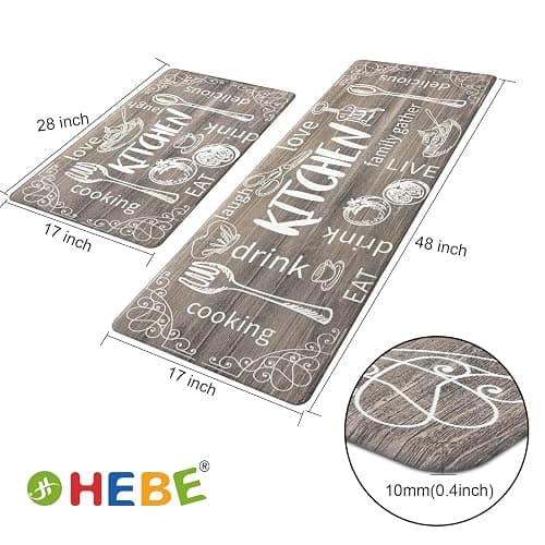 HEBE Kitchen Mats for Floor Set of 2 Thick Anti Fatigue Mat for Cushioned, Waterproof Non-Slip Rugs Comfort Standing Chef Mat for Kitchen Sink, Laundry Room, Farmhouse Home Decor, Brown thumbnail 2