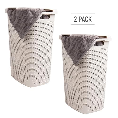 Mind Reader Slim Laundry Hamper with Lid, 60L Tall Clothes Basket, Narrow Tapered Design for Bathrooms, Closets and Laundry Rooms, Plastic, 2 Pack, Ivory thumbnail 7
