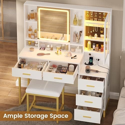 BTHFST Makeup Vanity with Upholstered Stool & Charging Station, Vanity Desk with Mirror and Lights, Vanity Table Set with Jewelry Storage & RGB Lights & 5 Drawers & Shelves, White & Gold thumbnail 8