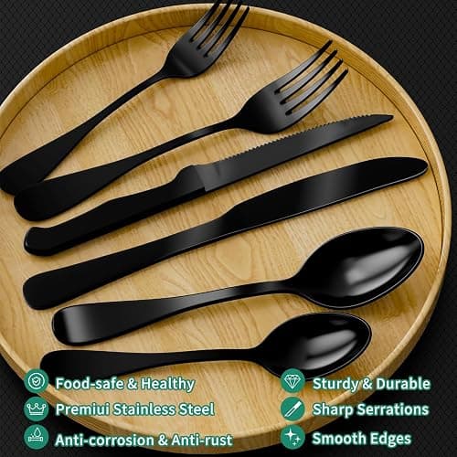 JUNLIN 49 Pieces Black Silverware Set with Steak Knives, Stainless Steel Silverware with Organizer Flatware Utensils Set for 8, Forks and Spoons Silverware Set Cutlery Set thumbnail 4