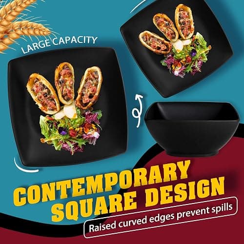 Teivio 16-piece Plastic Wheat Straw Square Dinnerware Set for 4, Unbreakable Dinner Plates, Salad Plates, Snack Bowls, Tumblers 13.5 oz, Dishwasher Safe, Black Matte - Matte Black thumbnail 5