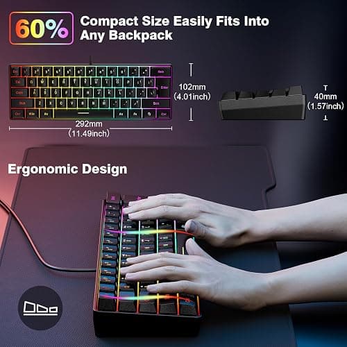 Snpurdiri 60% Wired Gaming Keyboard, RGB Backlit Ultra-Compact Mini Keyboard, Waterproof Small Compact 61 Keys for PC/Mac Gamer, Typist, Travel, Easy to Carry on Business Trip(Black) thumbnail 5