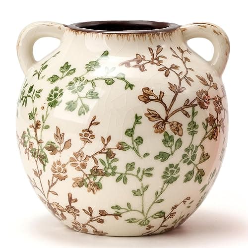 Green and Beige Antique Vase, 5.6 Inch Vintage Chinoiserie Floral Vase, Rustic Ceramic Vase for Home Decor, Living Room, Bookshelf, Office, Entryway, Garden, Chinoiserie Decor, Tuscan Decor - Image 1