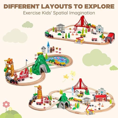 SainSmart Jr. 112-Piece Wooden Train Set for Toddler – Double-Sided Train Tracks, Compatible with Brio, Thomas, Melissa & Doug – Perfect Wood Toy for Boys and Girls thumbnail 3