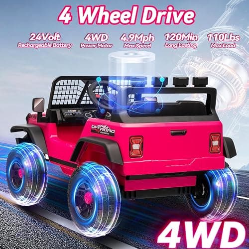 Blissride 24V Jeep Power Wheels w/Remote Control, 4WD Ride on Truck Car, 3 Speed, Bluetooth Music, Wide Seat, Spring Suspension, LED Light, Birthday for Boys Girls Toddler (Black+Pink) thumbnail 2