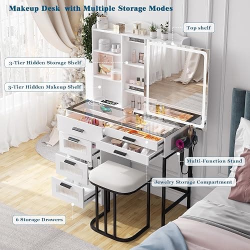 WOOVIVS Glass Top Vanity with LED Mirror, 6 Drawer Dresser with Charging Station for Bedroom, Small Makeup Vanitys Table with RGB Light, Vanity Set with Chair,Jewelry Organizer for Girls-White thumbnail 8