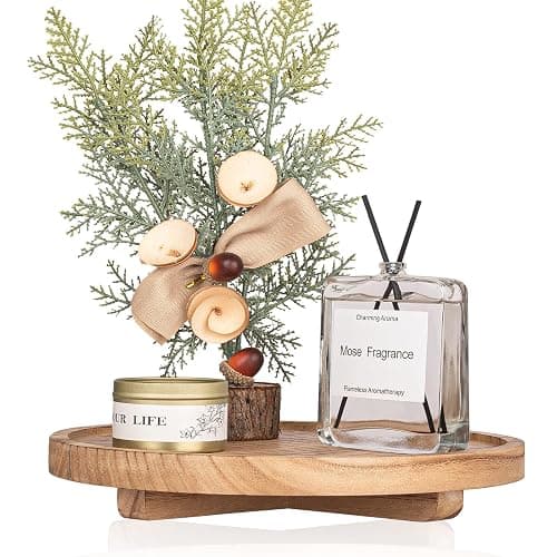 Round Decorative Tray Wood Bathroom Counter Organizer Farmhouse Kitchen Decor Wooden Riser for Soap Dish, Perfume, Candle, Sponge, 10" - Brown - Image 1