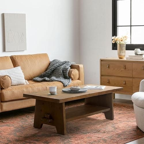 Farmhouse Wood Coffee Table - 43.4” Mid Century Modern Wooden Coffee Tables for Living Room, Solid Firwood Tabletop Rectangle Coffee Table, Center Table for Living Room, Brown - Brown thumbnail 3