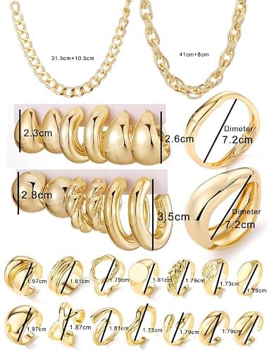 IFKM 36 PC Gold Plated Jewelry Set with 4 Necklace, 11 Bracelet, 7 Ear Cuffs Earring, 14 Knuckle Rings for Women Girls Valentine Anniversary Birthday Friendship Gift thumbnail 9
