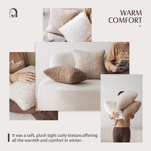 Foindtower 2 Pieces Teddy Faux Fur Throw Pillow Cover Decorative Sherpa Pillow Fuzzy Accent Pillowcases Soft Sheepskin Fleece Cushion Case for Bed Couch Living Room 18x18 Inch Chocolate thumbnail 7