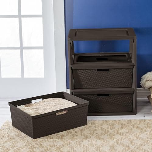 CNEIESD 3-Drawer Wide Weave Plastic Decor Drawer Tower – Brown, Pull Handles, Concealed Storage thumbnail 6