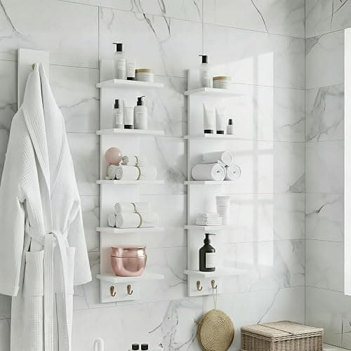 Sorbus 5-Tier Floating Wall Shelf with Hooks, 31 Inch (2 Pack, White) | Vertical five-level utility organization for kitchens, bedrooms and bathrooms; holds towels and mounted essentials. thumbnail 5