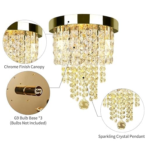 TISLYCO Mini Gold Crystal Chandelier, 3 Light Modern Flush Mount Ceiling Light Fixture, Raindrop Ceiling lamp Beaded Crystal Pendant Lighting for Hallway, Bedroom, Living Room, Dining Room thumbnail 8