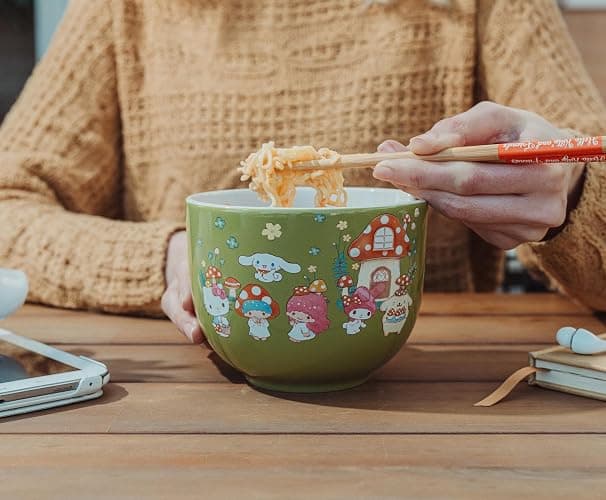 Silver Buffalo Sanrio Hello Kitty and Friends Mushroom Crew Ceramic Dinnerware Set | Includes 20-Ounce Ramen Noodle Bowl and Wooden Chopsticks | Asian Food Dish Set For Home & Kitchen thumbnail 7